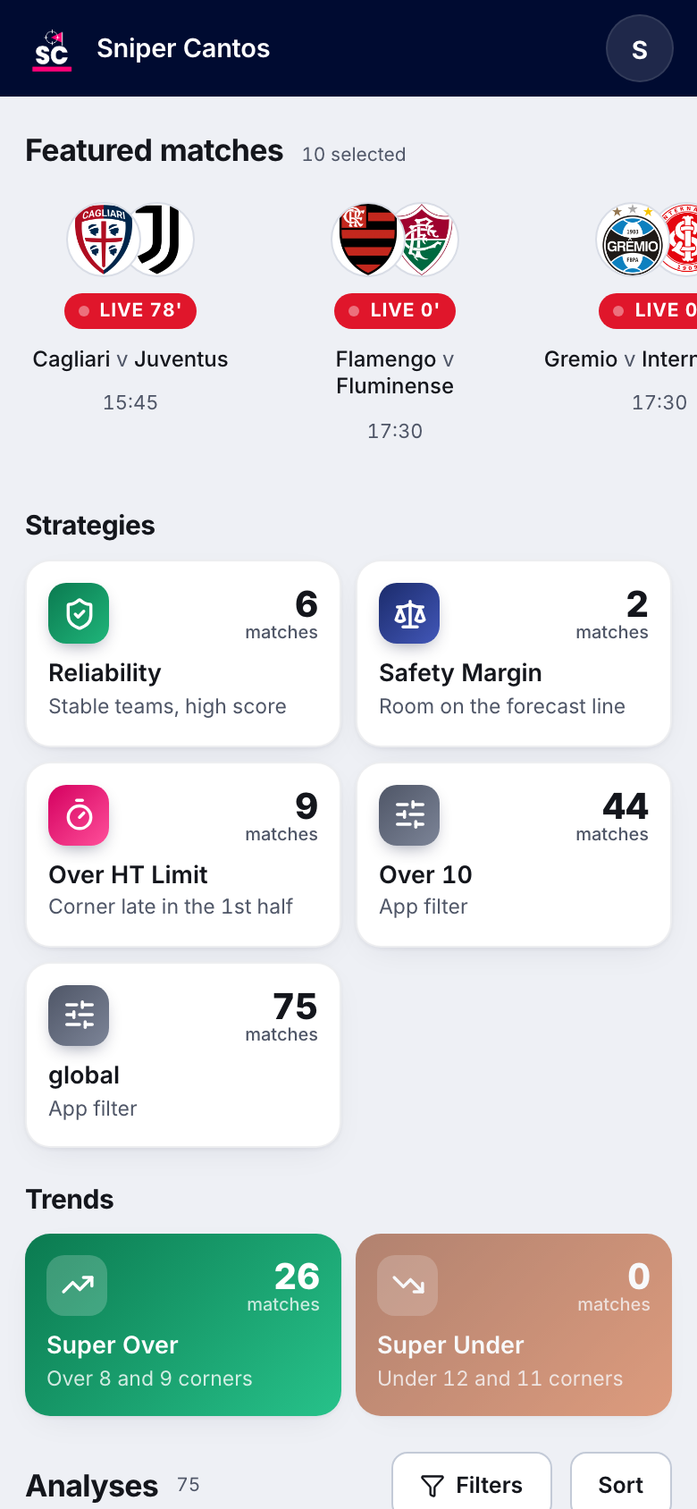Sniper Cantos home screen with the day's featured matches